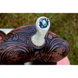 14", 15", 16" Double T barrel saddle with silver laced tan rawhide cantle, dot border on rough out fenders and jockeys. - Country Scene Saddlery and Pet Supplies