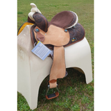 14", 15", 16" Double T barrel saddle with silver laced tan rawhide cantle, dot border on rough out fenders and jockeys. - Country Scene Saddlery and Pet Supplies