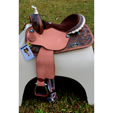 14’’ 15’’ 16’’ Double T barrel saddle with silver laced tan rawhide cantle dot border on rough out fenders and jockeys.