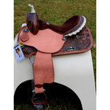14", 15", 16" Double T barrel saddle with silver laced tan rawhide cantle, dot border on rough out fenders and jockeys. - Country Scene Saddlery and Pet Supplies