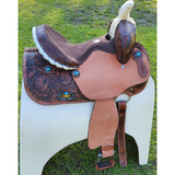 14", 15", 16" Double T barrel saddle with silver laced tan rawhide cantle, dot border on rough out fenders and jockeys. - Country Scene Saddlery and Pet Supplies