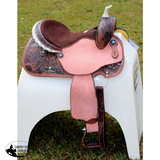 14", 15", 16" Double T barrel saddle with silver laced tan rawhide cantle, dot border on rough out fenders and jockeys. - Country Scene Saddlery and Pet Supplies