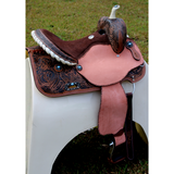 14’’ 15’’ 16’’ Double T barrel saddle with silver laced tan rawhide cantle dot border on rough out fenders and jockeys.