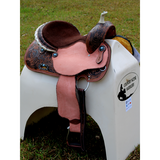 14", 15", 16" Double T barrel saddle with silver laced tan rawhide cantle, dot border on rough out fenders and jockeys. - Country Scene Saddlery and Pet Supplies