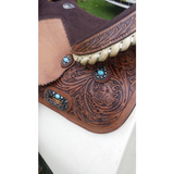 14", 15", 16" Double T barrel saddle with silver laced tan rawhide cantle, dot border on rough out fenders and jockeys. - Country Scene Saddlery and Pet Supplies