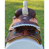 14", 15", 16" Double T barrel saddle with silver laced tan rawhide cantle, dot border on rough out fenders and jockeys. - Country Scene Saddlery and Pet Supplies