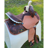 14", 15", 16" Double T barrel saddle with silver laced tan rawhide cantle, dot border on rough out fenders and jockeys. - Country Scene Saddlery and Pet Supplies