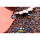 14", 15", 16" Double T barrel saddle with silver laced tan rawhide cantle, dot border on rough out fenders and jockeys. - Country Scene Saddlery and Pet Supplies