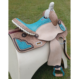 14", 15", 16" Double T Barrel Style Saddle with Filigree Print Seat. - Country Scene Saddlery and Pet Supplies
