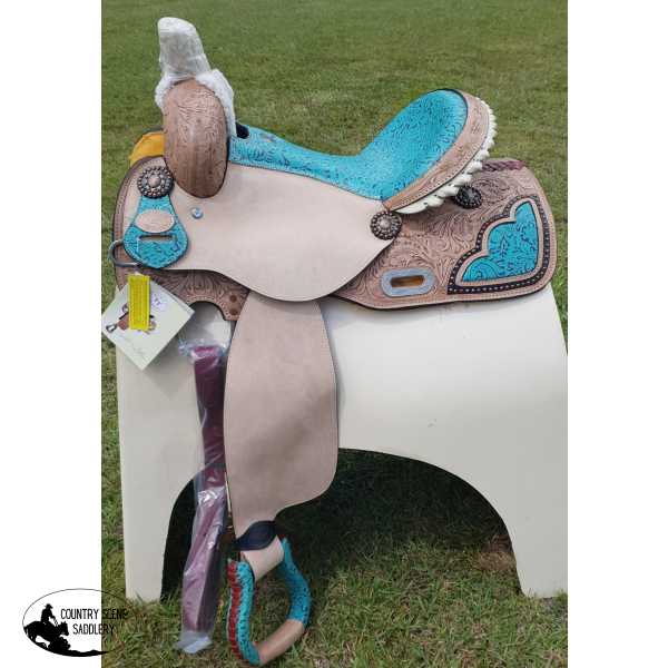 14 15 16 Double T Barrel Style Saddle With Filigree Print Seat.