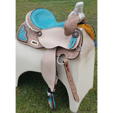 14", 15", 16" Double T Barrel Style Saddle with Filigree Print Seat. - Country Scene Saddlery and Pet Supplies