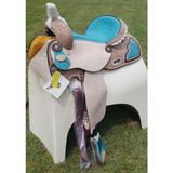 14", 15", 16" Double T Barrel Style Saddle with Filigree Print Seat. - Country Scene Saddlery and Pet Supplies