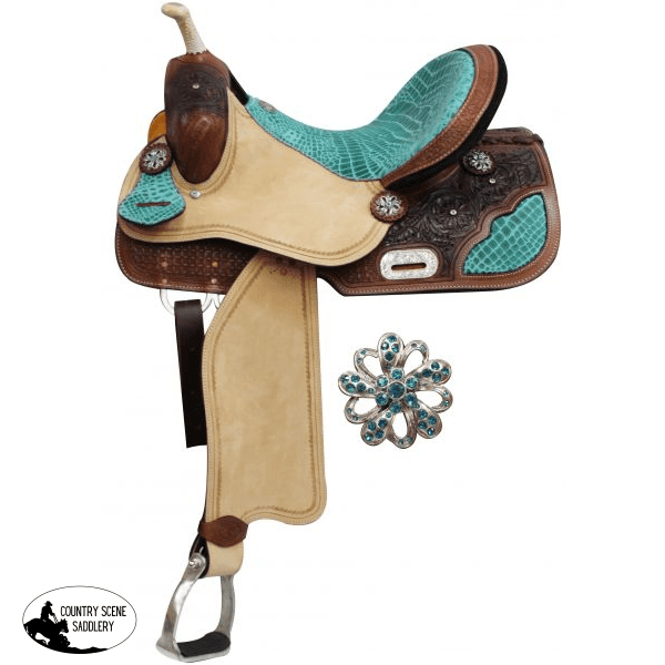 14 15 16 Double T Barrel Style Saddle With Teal Alligator Print Accents