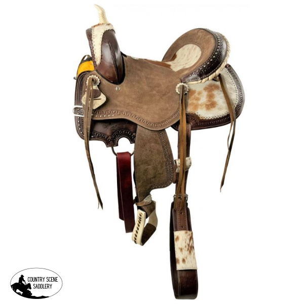 14 15 16 Double T Dark Oil Hard Seat Barrel Style Saddle With Hair On Cowhide Accents.