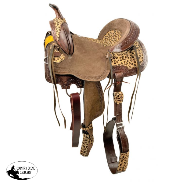 14 15 16 Double T Hard Seat Barrel Style Saddle With Cheetah And Leather Tassels. Saddles