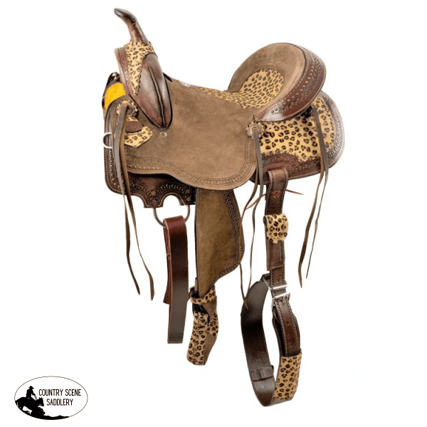 14 15 16 Double T Hard Seat Barrel Style Saddle With Cheetah And Leather Tassels. Saddles