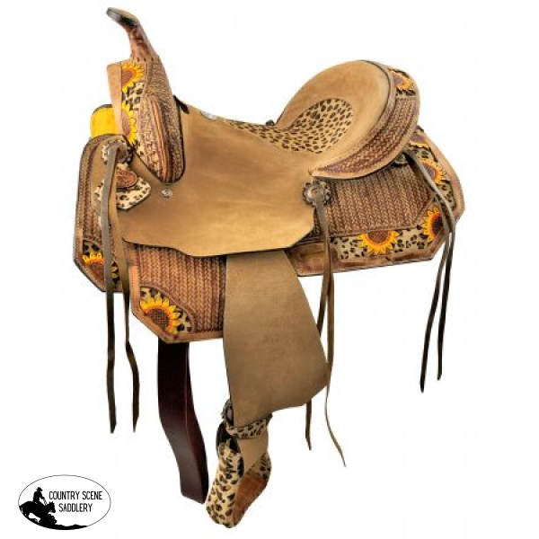 14 15 16 Double T  Hard Seat Barrel Style Saddle With Cheetah And Sunflower Painted Accents. 