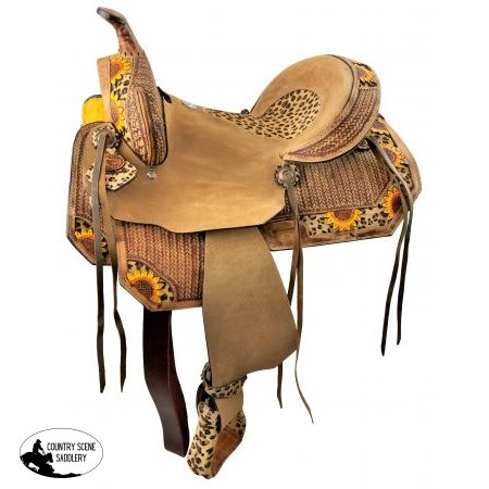 14 15 16 Double T  Hard Seat Barrel Style Saddle With Cheetah And Sunflower Painted Accents. 