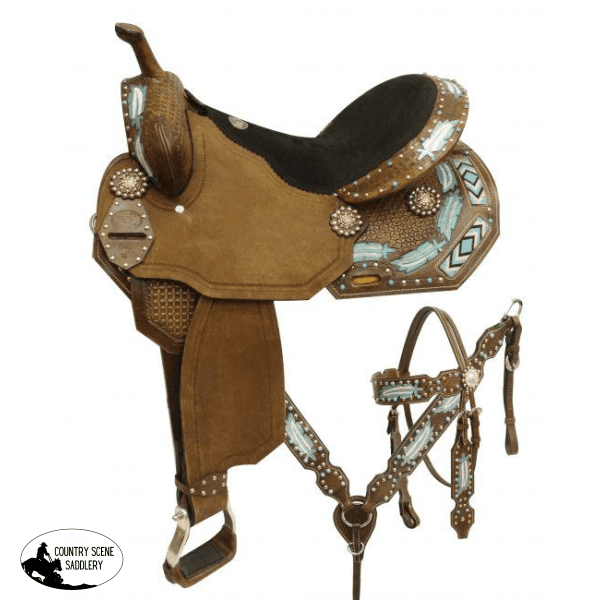 14 15 16 Double T Style Barrel Saddle Set With Metallic Painted Feathers And Beaded Inlay