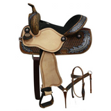 14", 15" Double T barrel style saddle with oak leaf tooled design. - Country Scene Saddlery and Pet Supplies