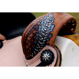 14’’ 15’’ Double T barrel style saddle with oak leaf tooled design.