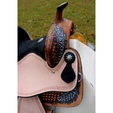 14’’ 15’’ Double T barrel style saddle with oak leaf tooled design.