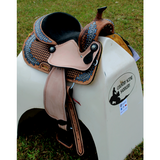 14’’ 15’’ Double T barrel style saddle with oak leaf tooled design.