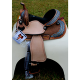 14’’ 15’’ Double T barrel style saddle with oak leaf tooled design.