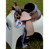 14’’ 15’’ Double T barrel style saddle with oak leaf tooled design.