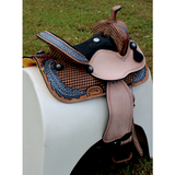 14’’ 15’’ Double T barrel style saddle with oak leaf tooled design.