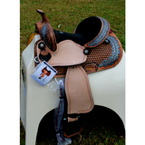 14’’ 15’’ Double T barrel style saddle with oak leaf tooled design.