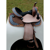 14’’ 15’’ Double T barrel style saddle with oak leaf tooled design.