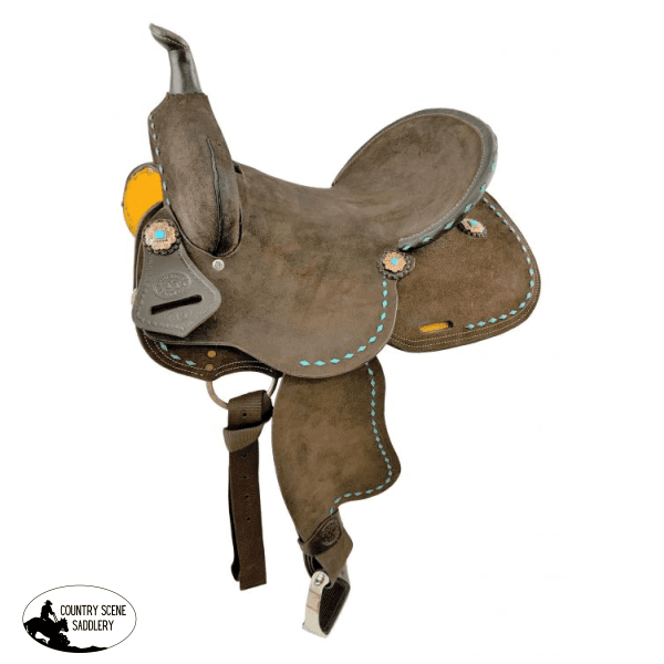 14 15 Double T Barrel Style Saddle With Oiled Rough Out Leather Teal Buckstitch Accents And Flower