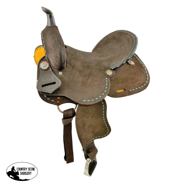 14 15 Double T Barrel Style Saddle With Oiled Rough Out Leather Teal Buckstitch Accents And Flower