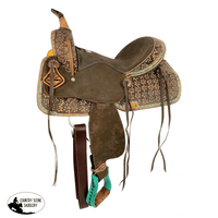 14 15 Double T Barrel Style Saddle With Teal Flower And Buckstitch Accents Saddles