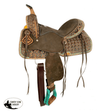 14 15 Double T Barrel Style Saddle With Teal Flower And Buckstitch Accents Saddles