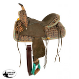 14", 15" Double T Barrel style saddle with Teal flower and buckstitch accents - Country Scene Saddlery and Pet Supplies
