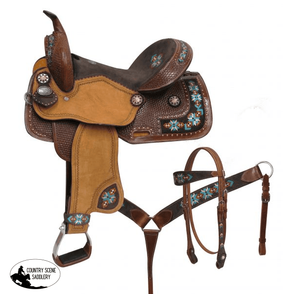 14 15Double T Barrel Style Saddle Set With Embroidered Navajo. Western Saddles