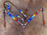 Showman ® 4pc. Red, Yellow and Blue beaded headstall and breast collar set with concho accents, comes with competition reins and matching wither strap. - Country Scene Saddlery and Pet Supplies