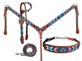 Showman Beaded Southwest Design 4 Piece Set - blue and white - Country Scene Saddlery and Pet Supplies