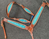 NEW! Showman® Teal Acid Wash Cowhide Inlay One Ear headstall and breast collar set. - Country Scene Saddlery and Pet Supplies