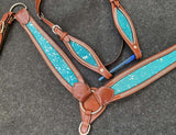NEW! Showman® Teal Acid Wash Cowhide Inlay One Ear headstall and breast collar set. - Country Scene Saddlery and Pet Supplies