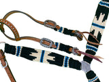 NEW! Showman Pony Size Corded One Ear Headstall & Breast collar set - Black, white, and blue - Country Scene Saddlery and Pet Supplies
