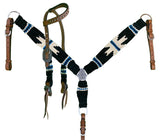 NEW! Showman Pony Size Corded One Ear Headstall & Breast collar set - Black, white, and blue - Country Scene Saddlery and Pet Supplies