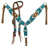 NEW! Showman Pony Size Corded One Ear Headstall & Breast collar set - Teal and Brown - Country Scene Saddlery and Pet Supplies