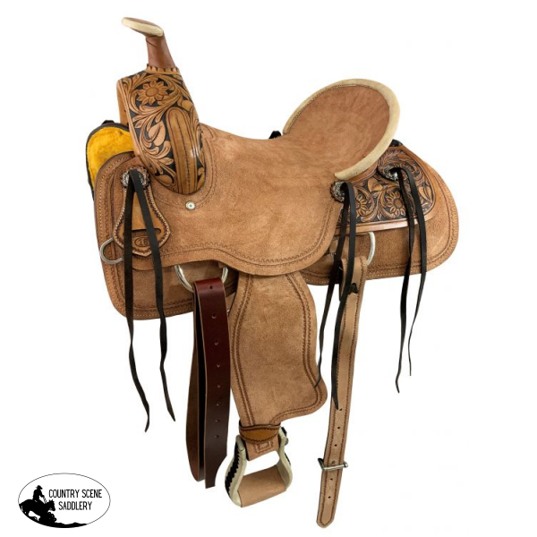 1480816 16 Roper Style Roughout Hardseat Saddle With Tooling And Rawhide Accents Roping Style