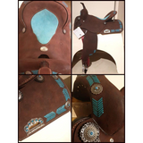15", 16" Circle S Barrel Style Saddle with turquoise leather laced arrow trim. - Country Scene Saddlery and Pet Supplies