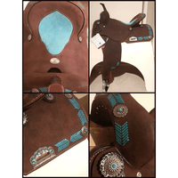 15 16 Circle S Barrel Style Saddle With Turquoise Leather Laced Arrow Trim.
