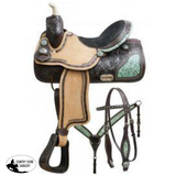15", 16" Double T barrel saddle set with teal filigree inlay. - Country Scene Saddlery and Pet Supplies