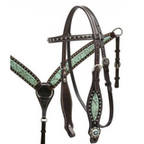 15", 16" Double T barrel saddle set with teal filigree inlay. - Country Scene Saddlery and Pet Supplies